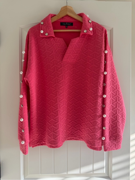 Simply Southern Sweaters - Simply Southern Hot Pink Quilted Knit Pullover w/ Pearl & Rhinestone Accents L